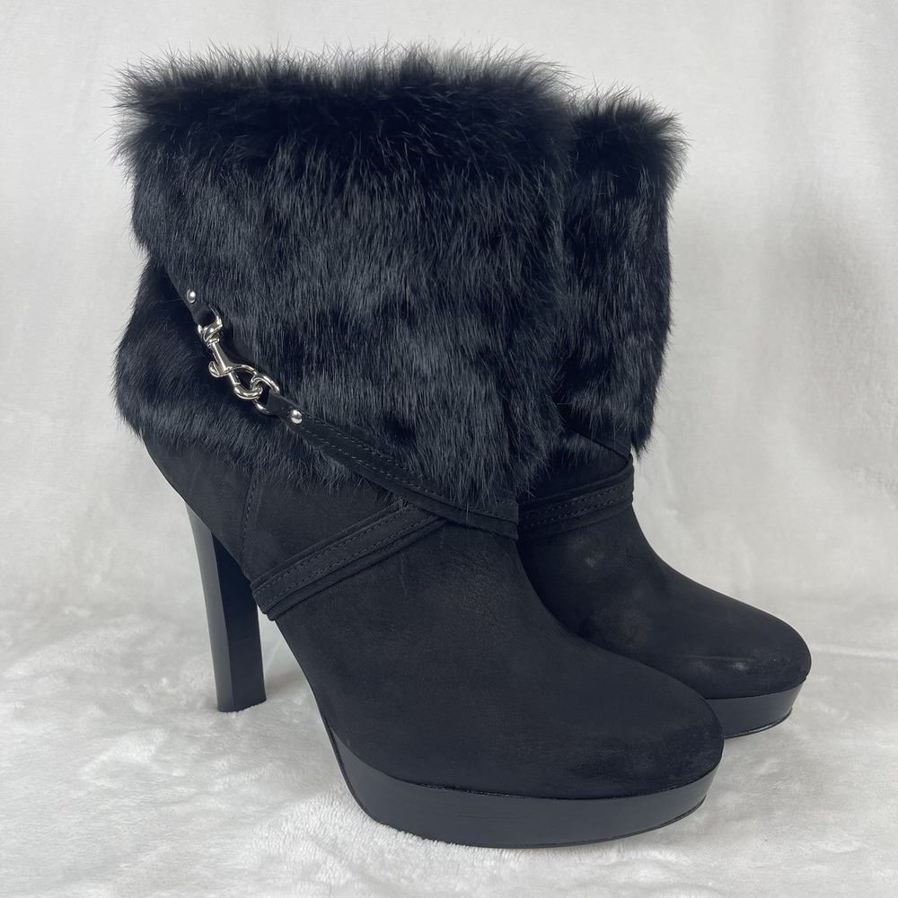 Coach Athena Ankle Boots Womens 10 B Black Platform Heel Booties Suede Fur